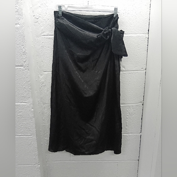 Lingua Franca 100% Silk Black Satin Midi Wrap Pencil Skirt Size XL - Picture 2 of 5